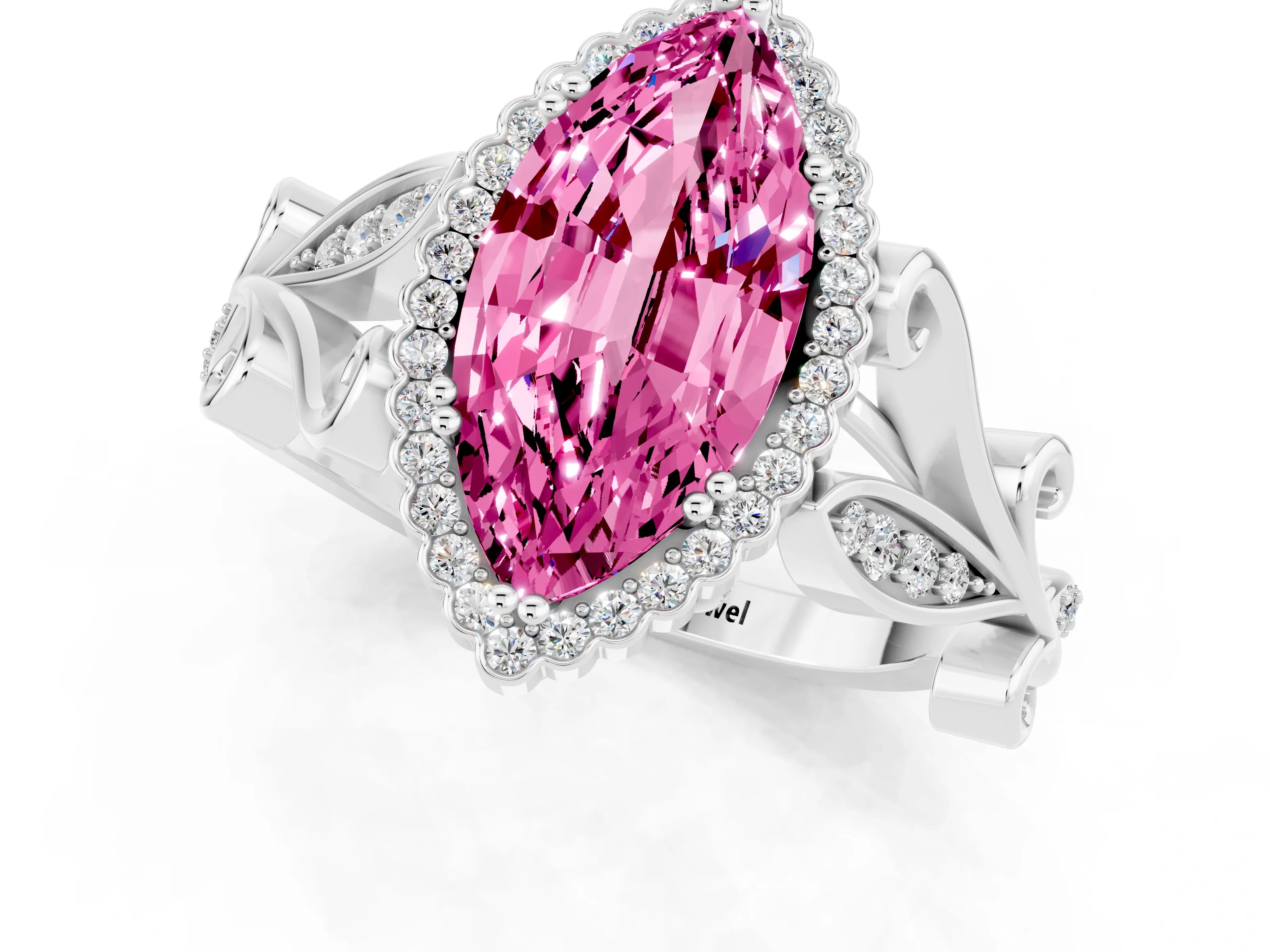 White gold Marquise Cut Pink Sapphire Halo Ring with Vintage Split Shank and Four-Prong Setting_25