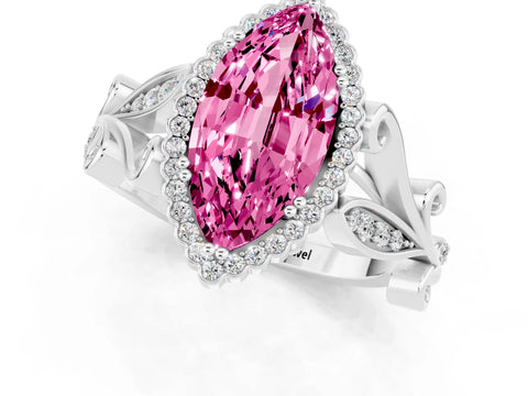 White gold Marquise Cut Pink Sapphire Halo Ring with Vintage Split Shank and Four-Prong Setting_25