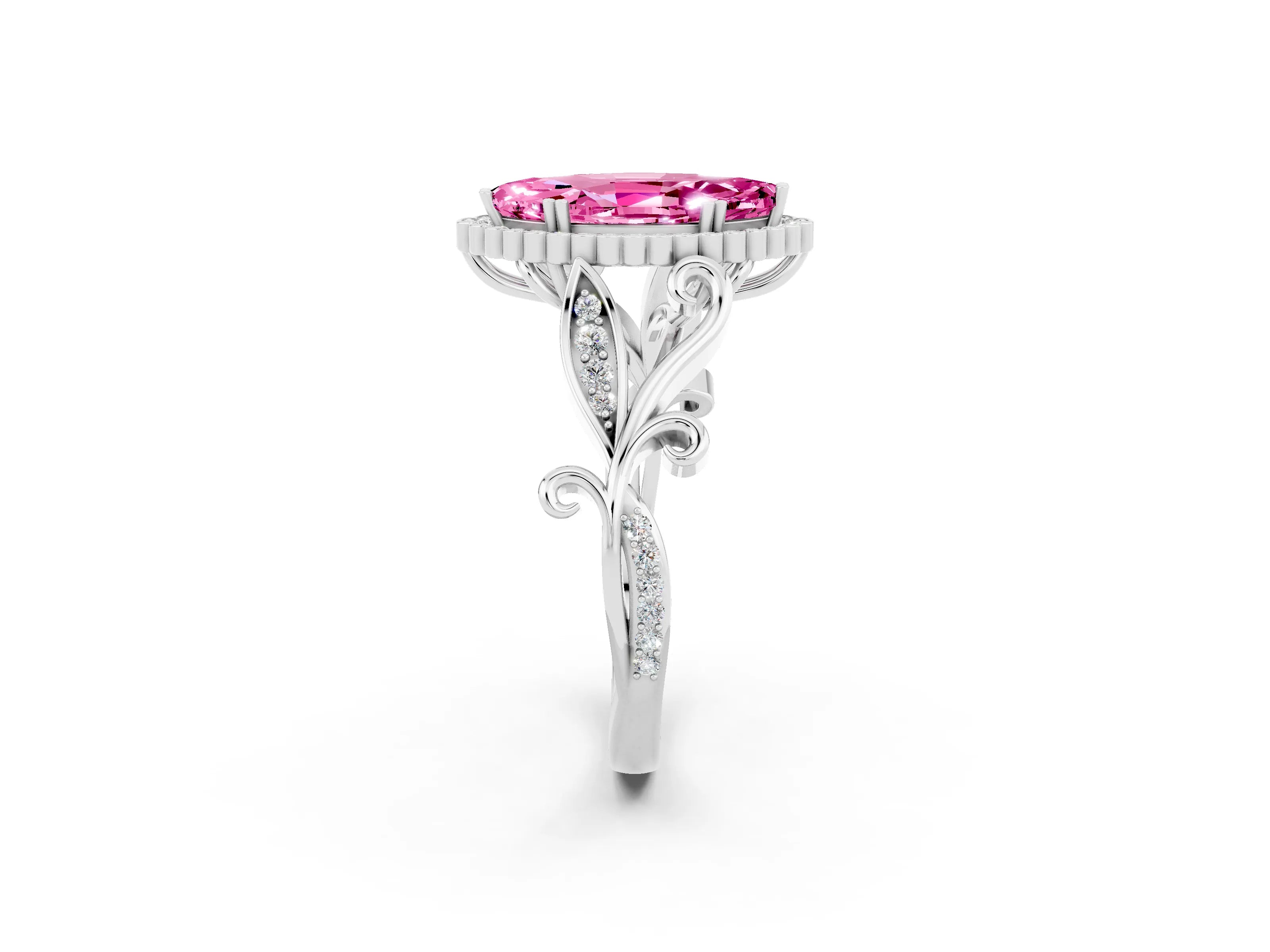 White gold Marquise Cut Pink Sapphire Halo Ring with Vintage Split Shank and Four-Prong Setting_26