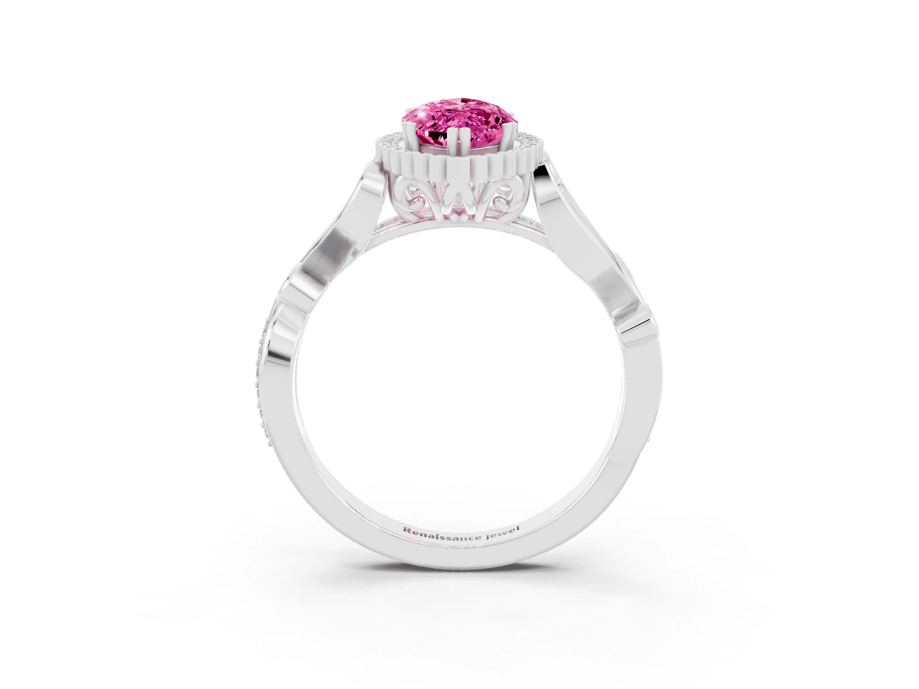 White gold Marquise Cut Pink Sapphire Halo Ring with Vintage Split Shank and Four-Prong Setting_27