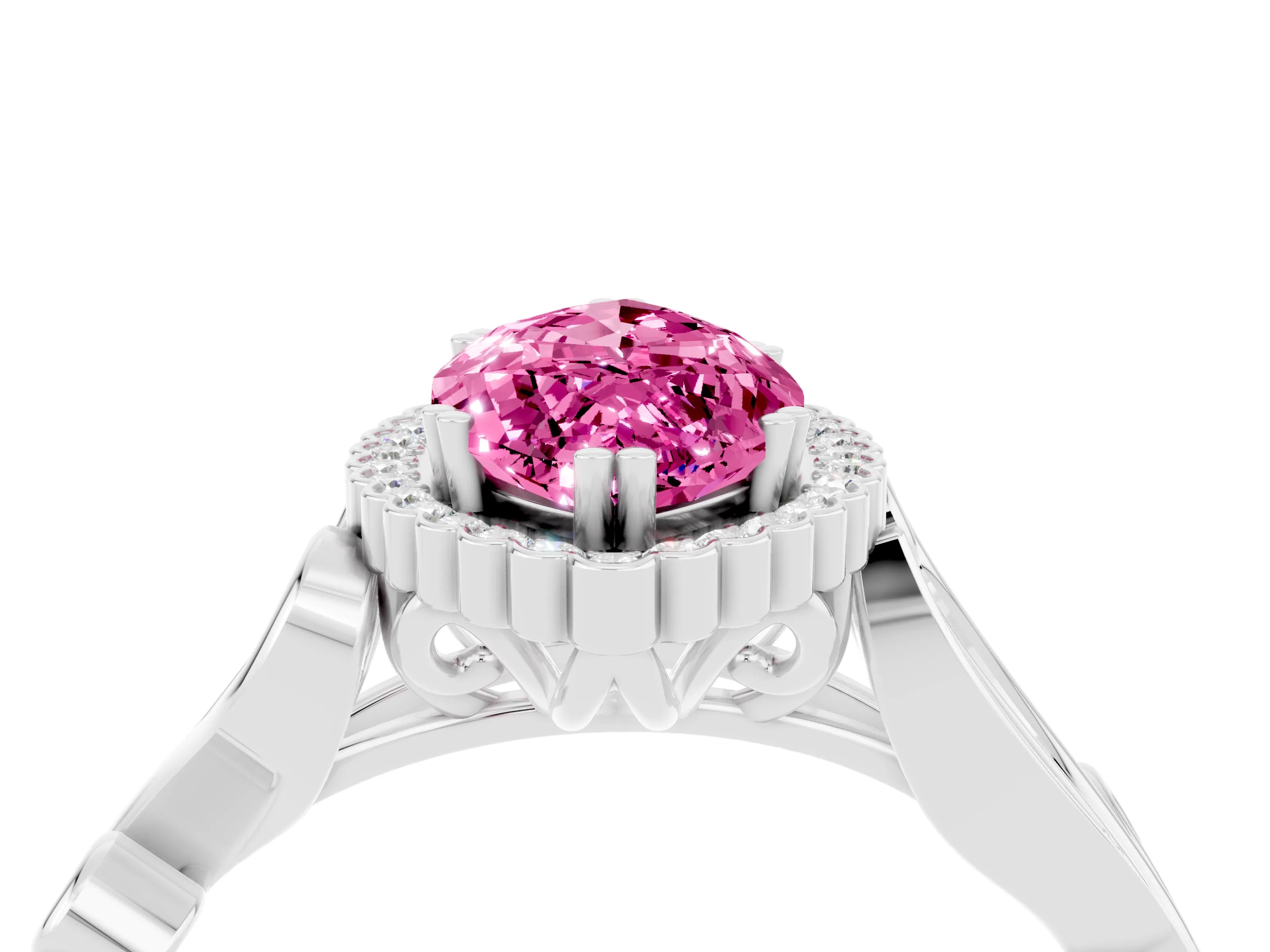 White gold Marquise Cut Pink Sapphire Halo Ring with Vintage Split Shank and Four-Prong Setting_28