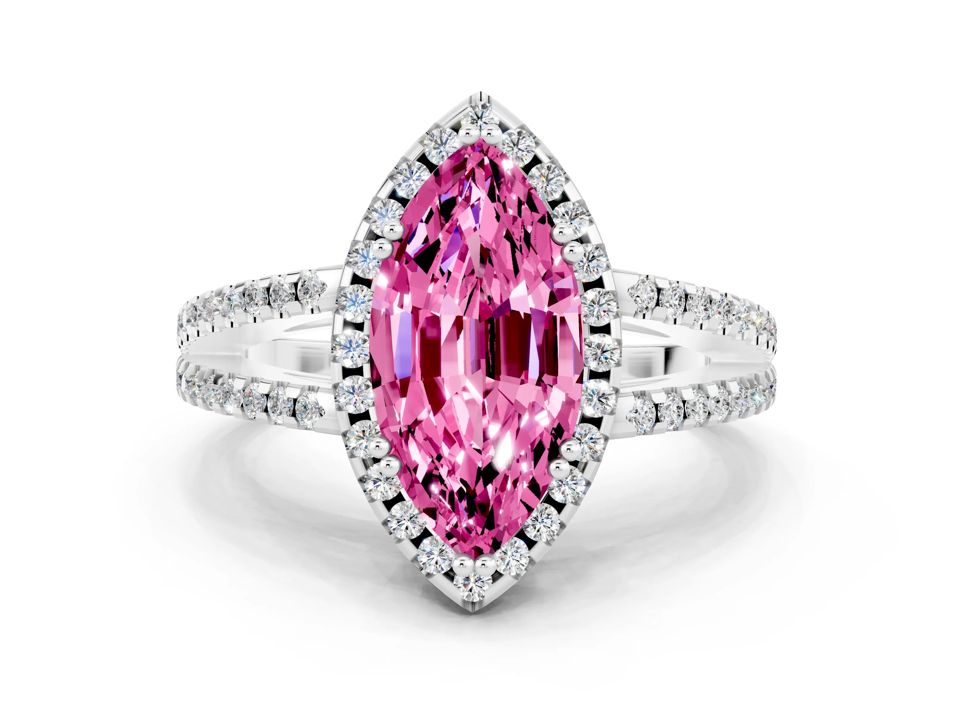 White gold Marquise Cut Pink Sapphire Halo Split Shank Engagement Ring_12
