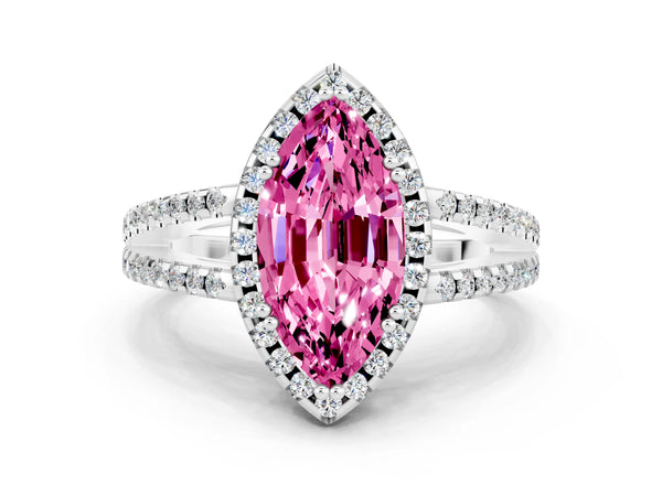 White gold Marquise Cut Pink Sapphire Halo Split Shank Engagement Ring