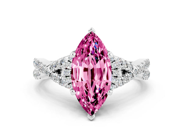 White gold Marquise Cut Pink Sapphire  Halo Twist Band Solitaire Prong Setting Ring
