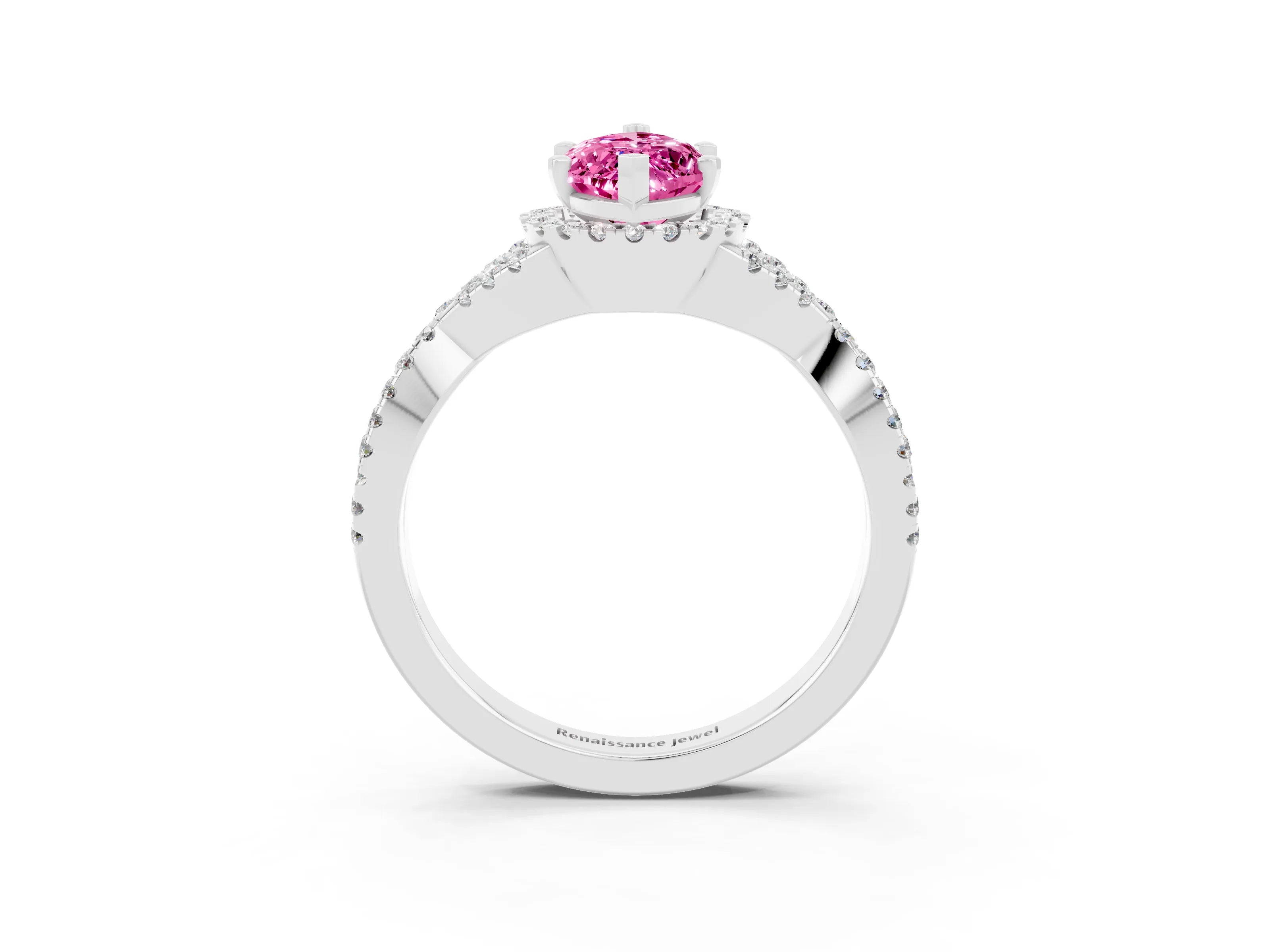 White gold Marquise Cut Pink Sapphire Halo Twist Band Solitaire Prong Setting Ring_27