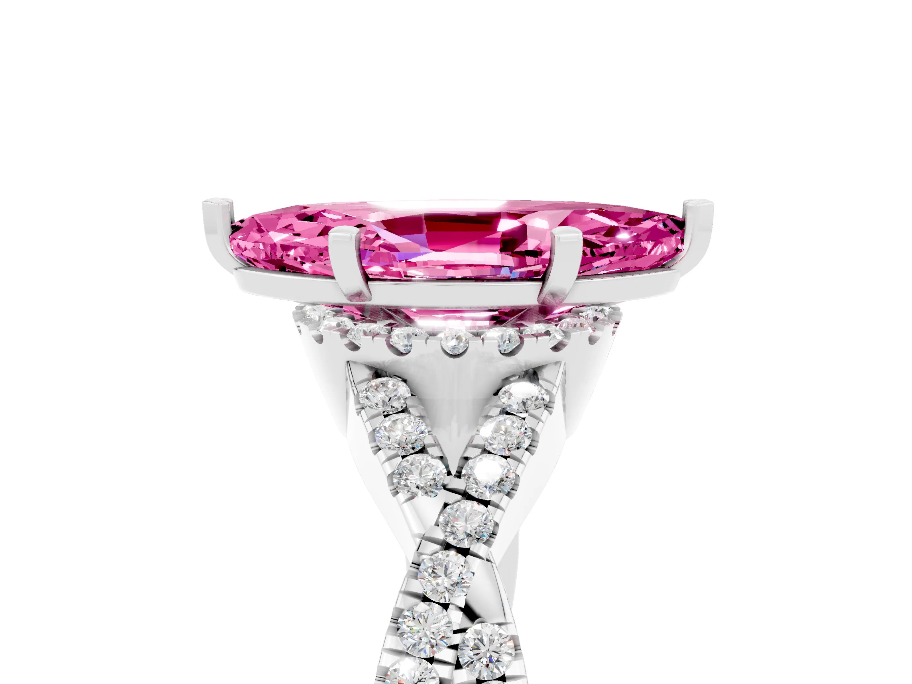 White gold Marquise Cut Pink Sapphire Halo Twist Band Solitaire Prong Setting Ring_29