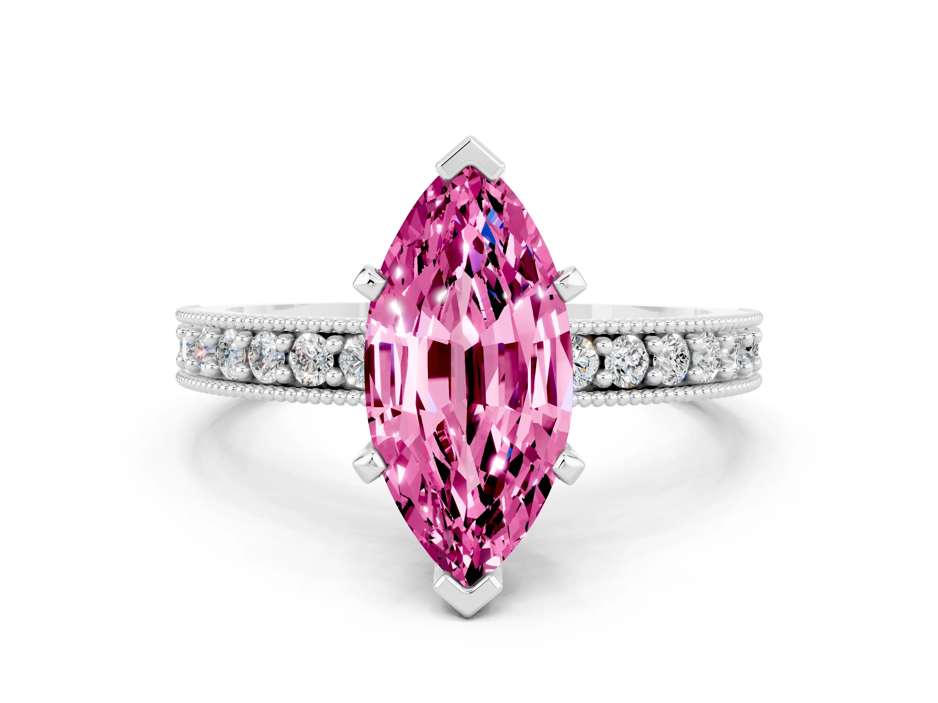 White gold Marquise Cut Pink Sapphire Milgrain Pavé Engagement Ring with Four-Prong Setting_24