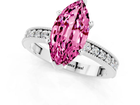 White gold Marquise Cut Pink Sapphire Milgrain Pavé Engagement Ring with Four-Prong Setting_25