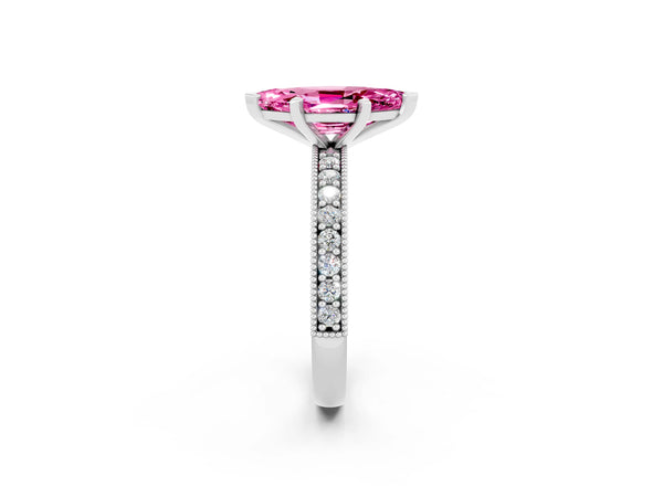 Platinum Marquise Cut Pink Sapphire Milgrain Pavé Engagement Ring with Four-Prong Setting