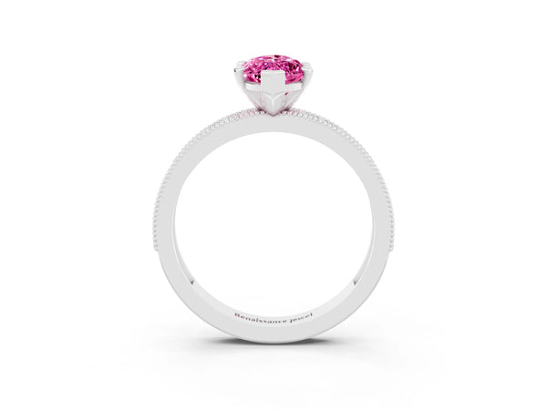 Platinum Marquise Cut Pink Sapphire Milgrain Pavé Engagement Ring with Four-Prong Setting