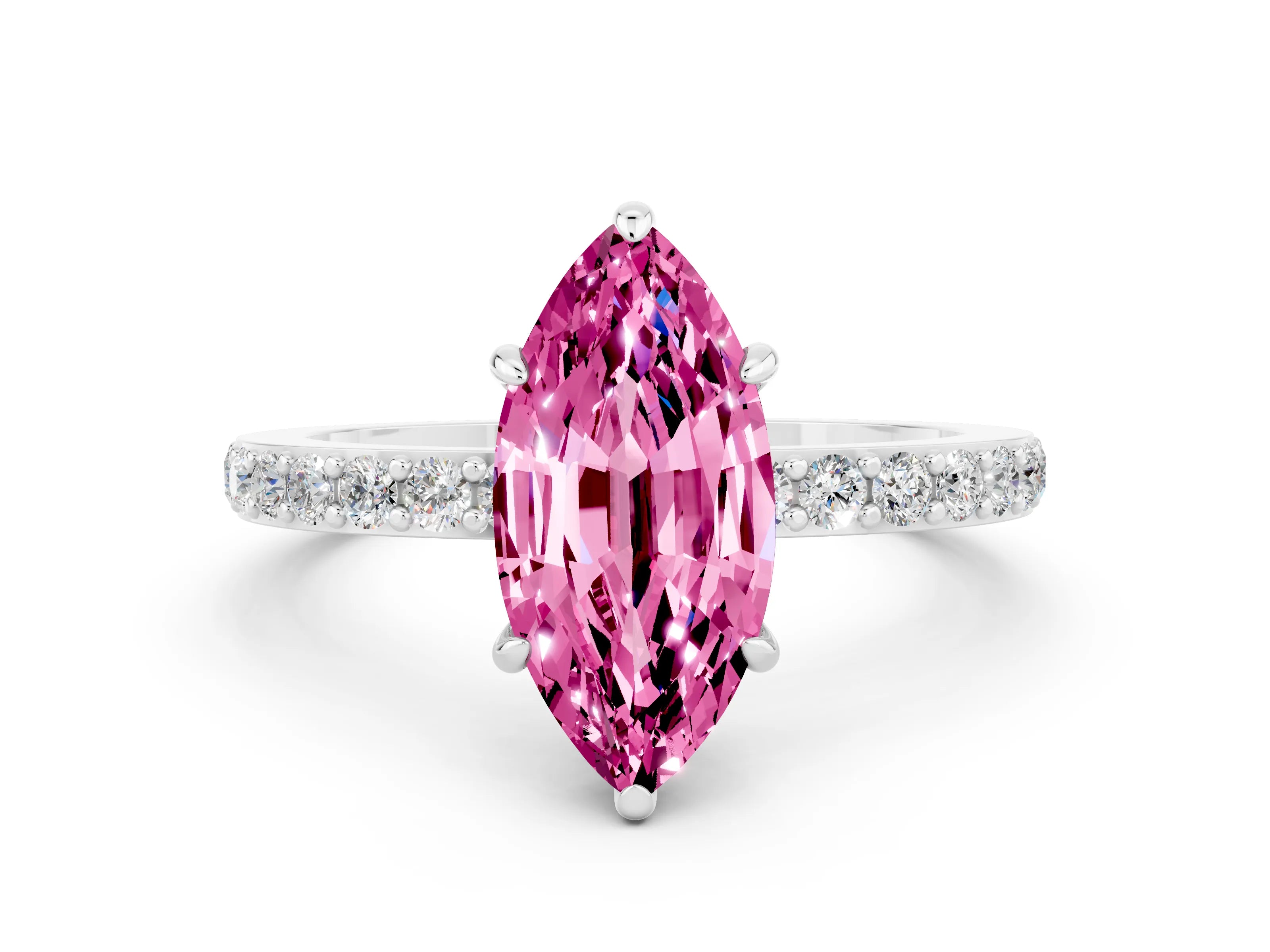 White gold Marquise Cut Pink Sapphire Pavé Engagement Ring with Round  Accents and Prong Setting_48