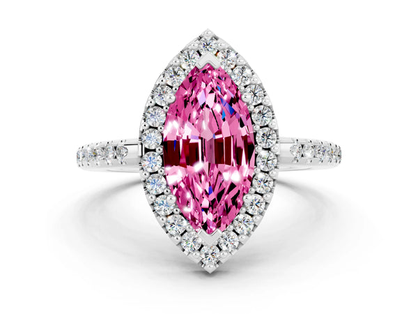 Silver Marquise Cut Pink Sapphire Pavé Halo Ring with Four-Prong Setting