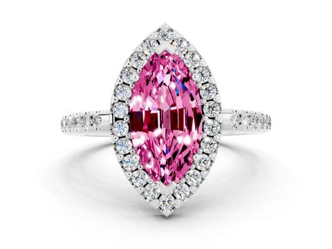 White gold Marquise Cut Pink Sapphire Pavé Halo Ring with Four-Prong Setting_12