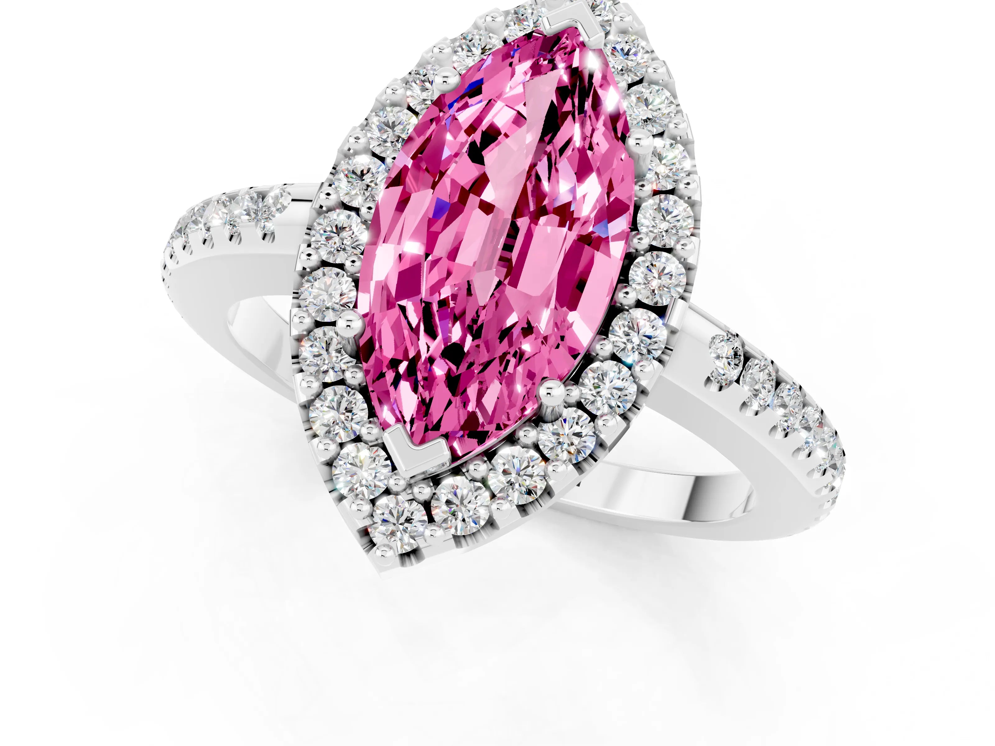 White gold Marquise Cut Pink Sapphire Pavé Halo Ring with Four-Prong Setting_13