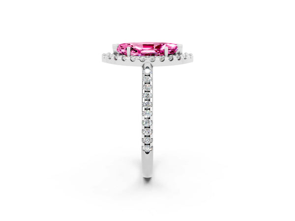 Platinum Marquise Cut Pink Sapphire Pavé Halo Ring with Four-Prong Setting