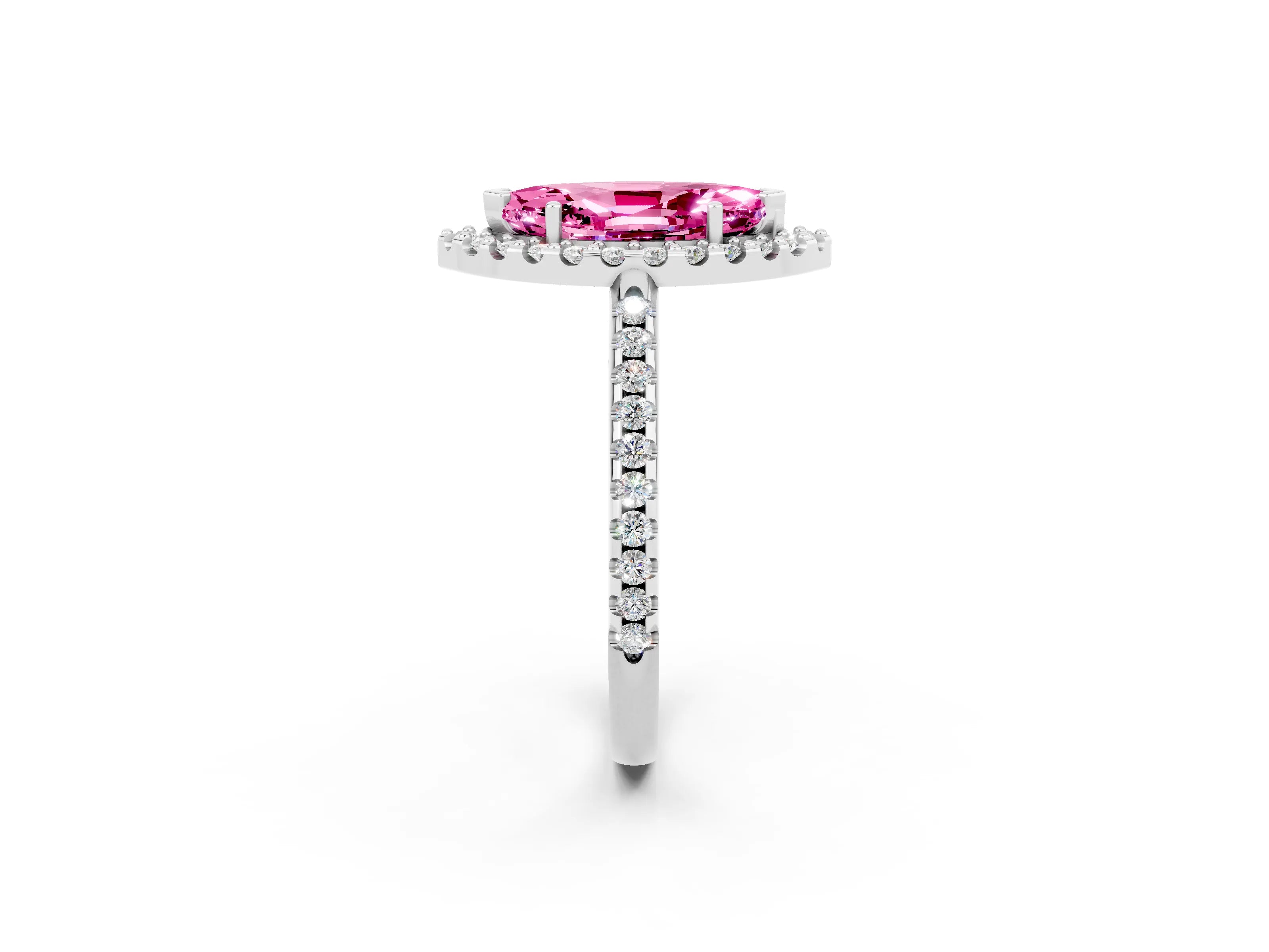White gold Marquise Cut Pink Sapphire Pavé Halo Ring with Four-Prong Setting_14