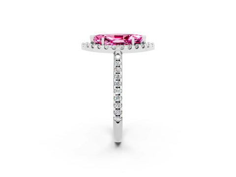 White gold Marquise Cut Pink Sapphire Pavé Halo Ring with Four-Prong Setting_14