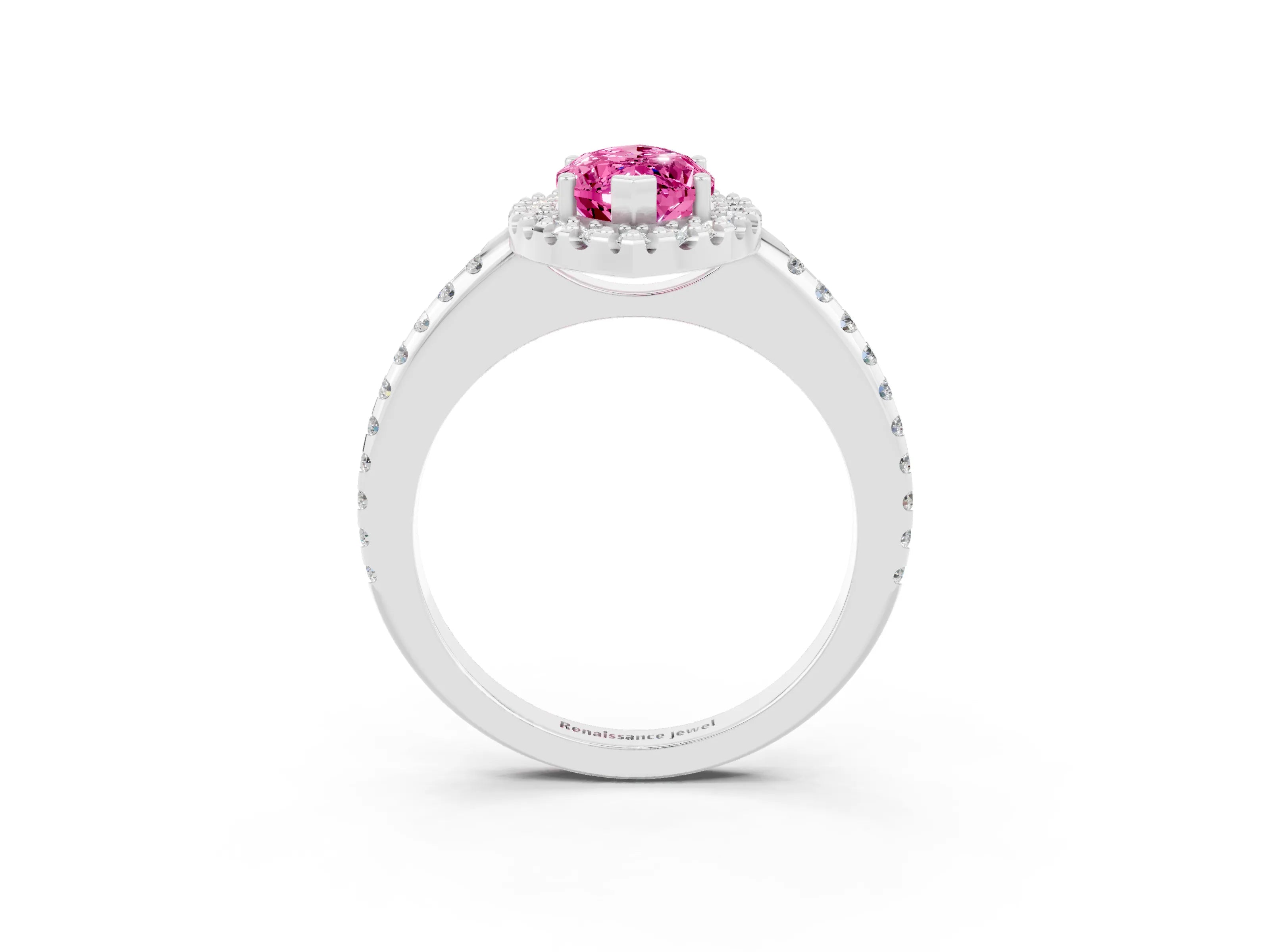 White gold Marquise Cut Pink Sapphire Pavé Halo Ring with Four-Prong Setting_15