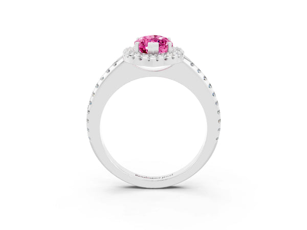 Platinum Marquise Cut Pink Sapphire Pavé Halo Ring with Four-Prong Setting