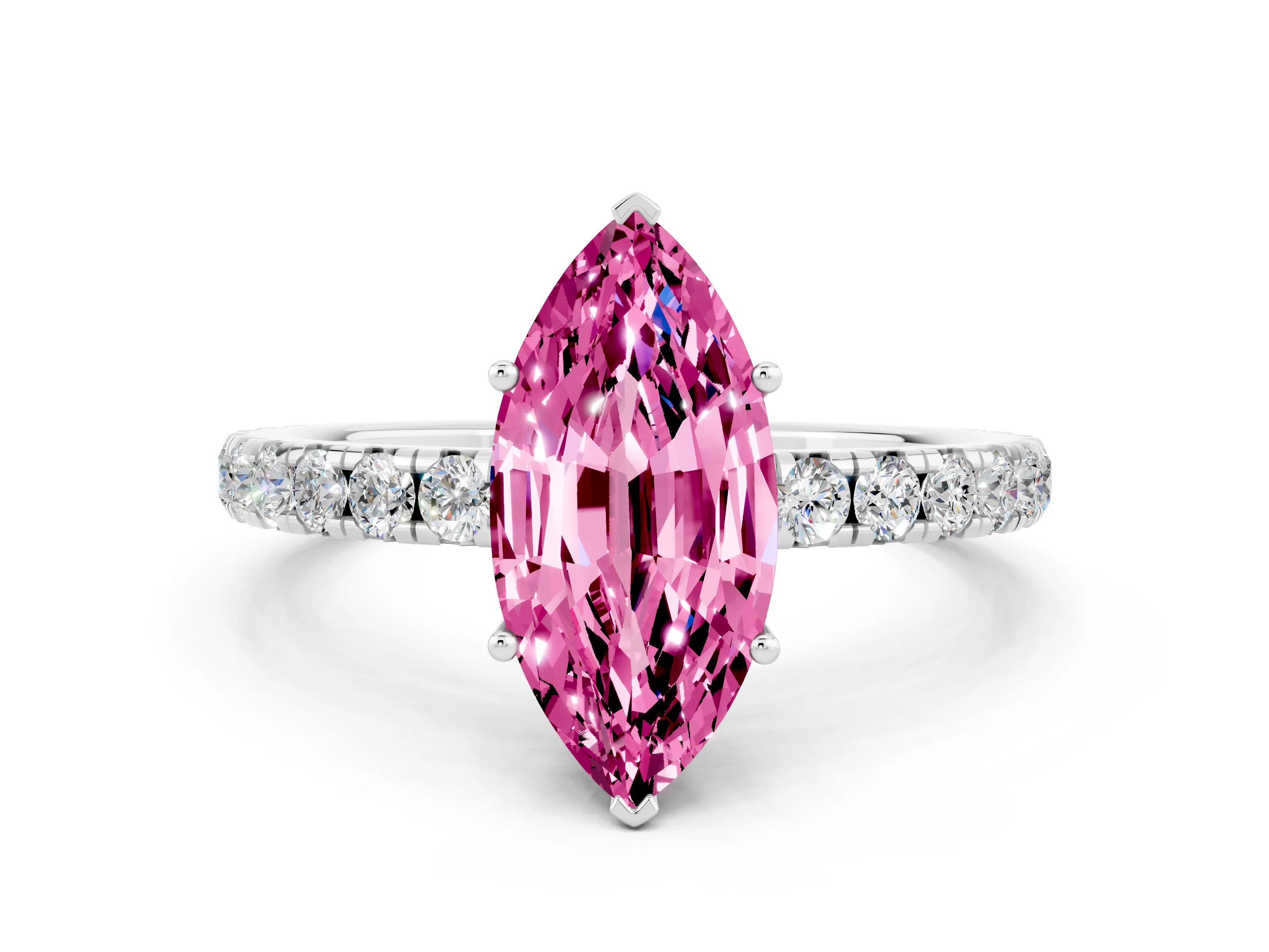 White gold Marquise Cut Pink Sapphire Pavé Solitaire Engagement Ring with Four-Prong Setting_12