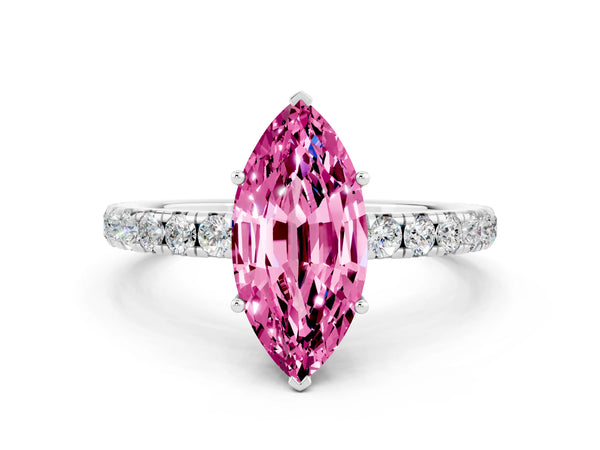 Silver Marquise Cut Pink Sapphire Pavé Solitaire Engagement Ring with Four-Prong Setting