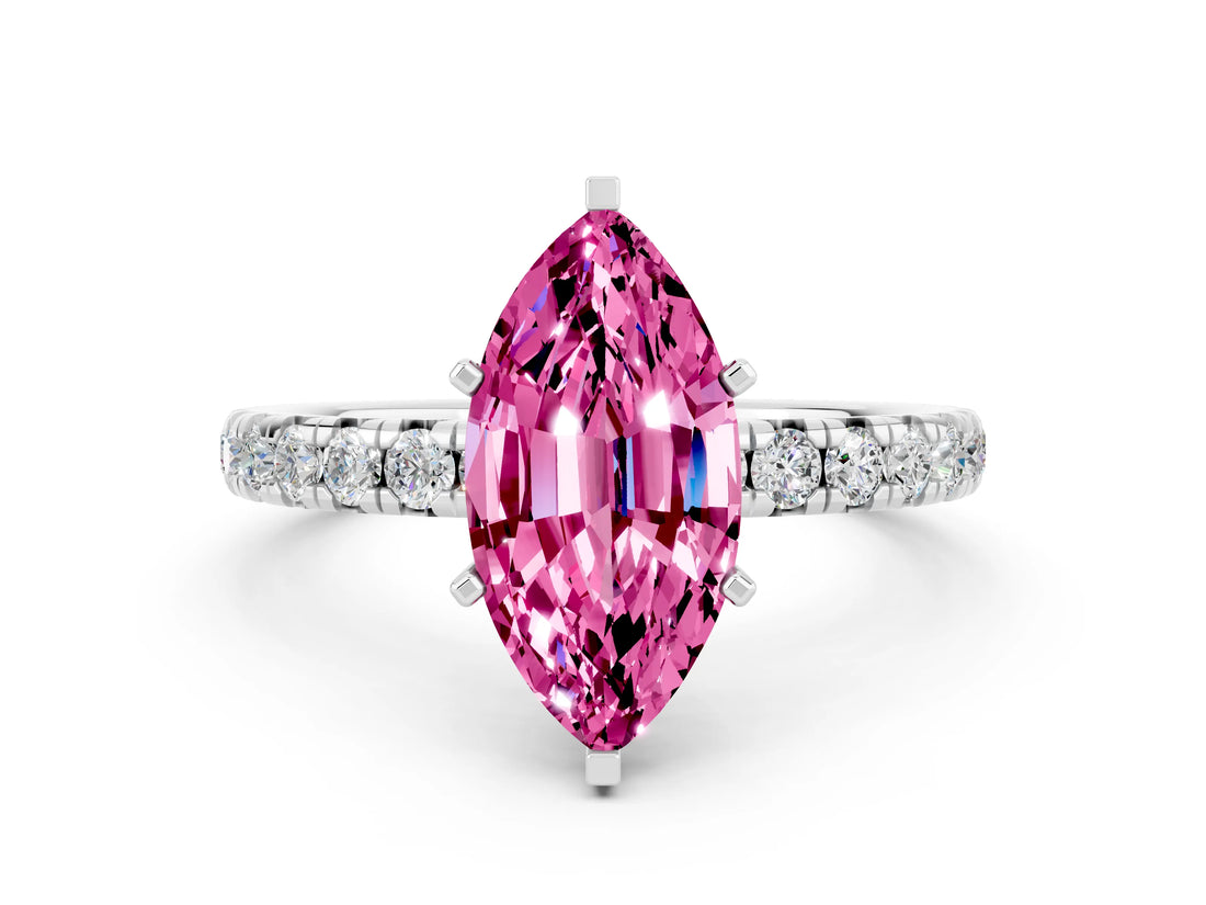 White gold Marquise Cut Pink Sapphire Pavé Solitaire Ring with Round Band and Prong Setting_12
