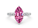 White gold Marquise Cut Pink Sapphire Pavé Solitaire Ring with Round Band and Prong Setting_12