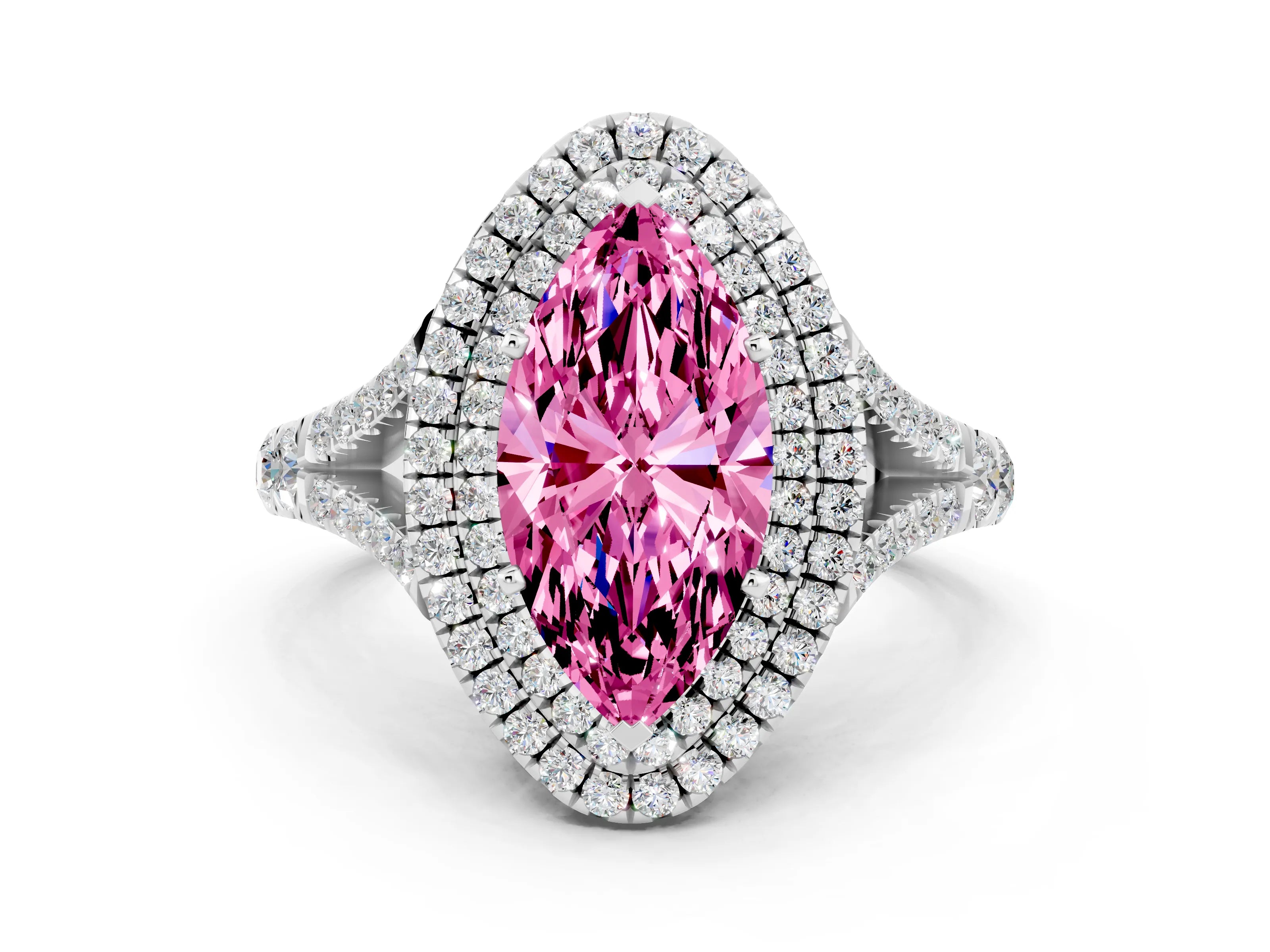 White gold Marquise Cut Pink Sapphire Pavé Split Shank Double Halo Engagement Ring