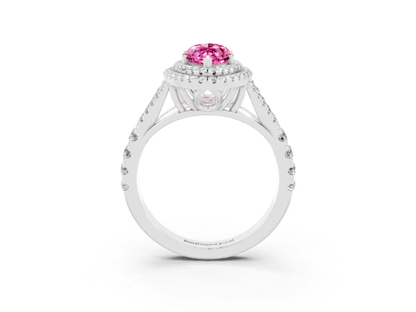 White gold Marquise Cut Pink Sapphire Pavé Split Shank Double Halo Engagement Ring