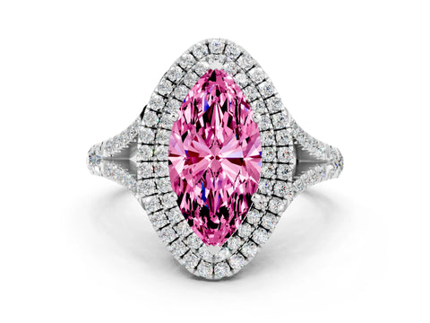 White gold Marquise Cut Pink Sapphire Pavé Split Shank Double Halo Engagement Ring