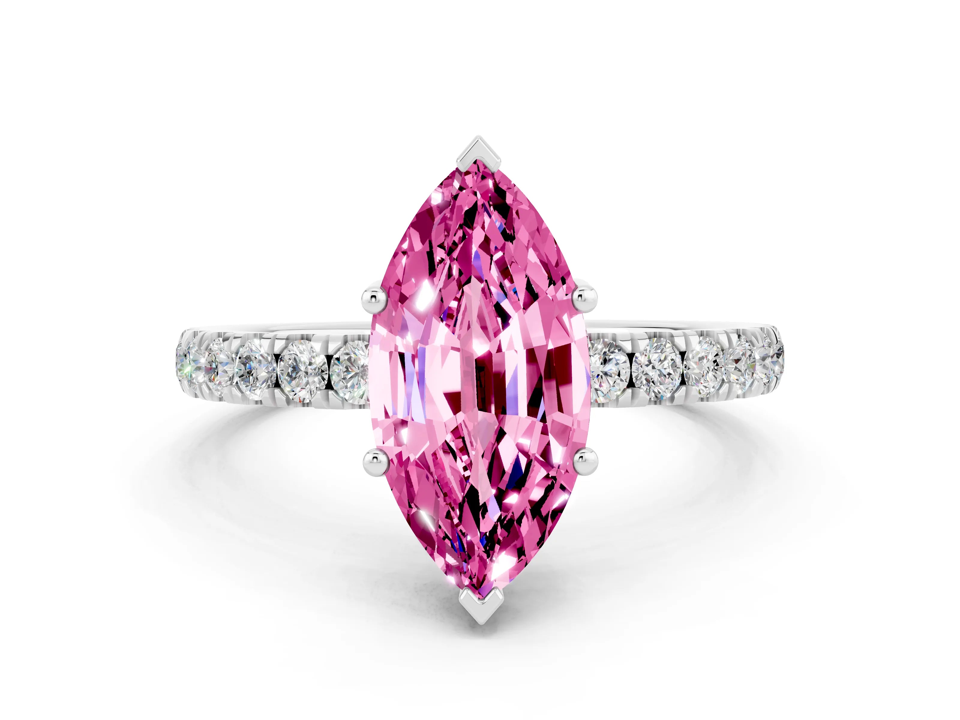 White gold Marquise Cut Pink Sapphire Pave Band Solitaire Ring with Four-Prong Setting_60