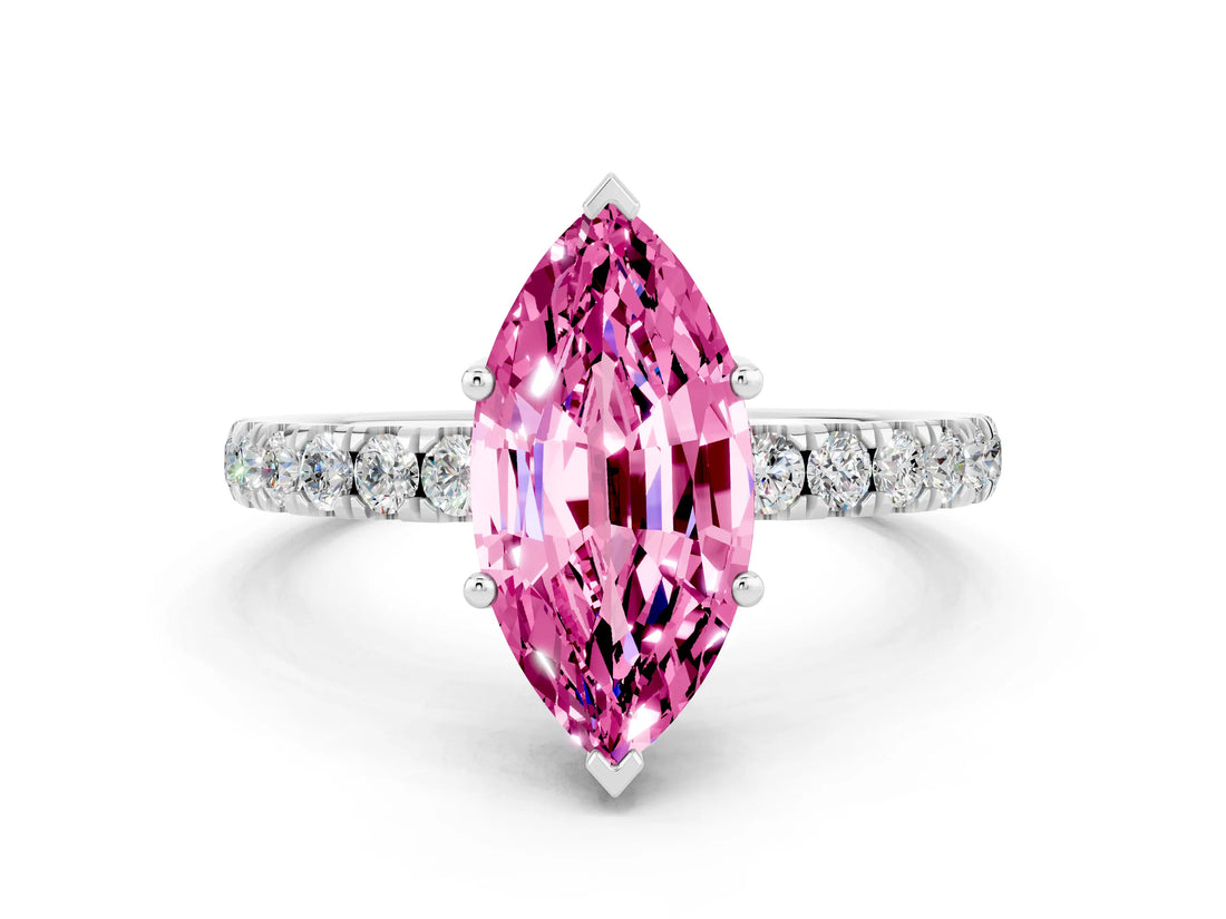 White gold Marquise Cut Pink Sapphire Pave Band Solitaire Ring with Four-Prong Setting_60