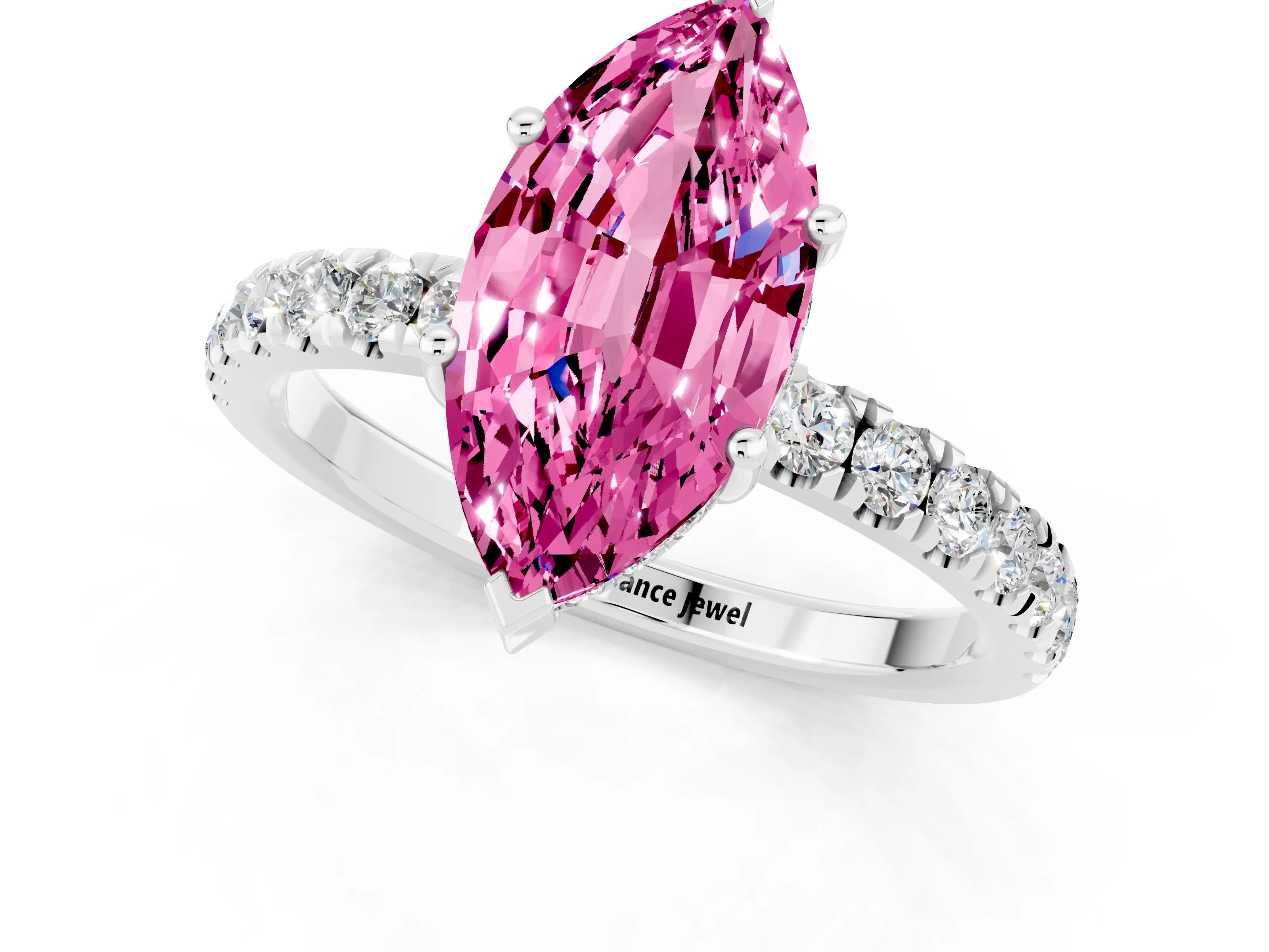 White gold Marquise Cut Pink Sapphire Pave Band Solitaire Ring with Four-Prong Setting_61