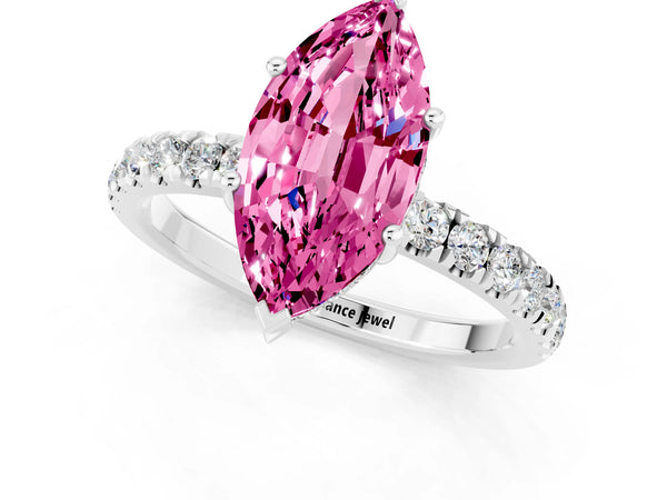 White gold Marquise Cut Pink Sapphire Pave Band Solitaire Ring with Round  and Prong Setting