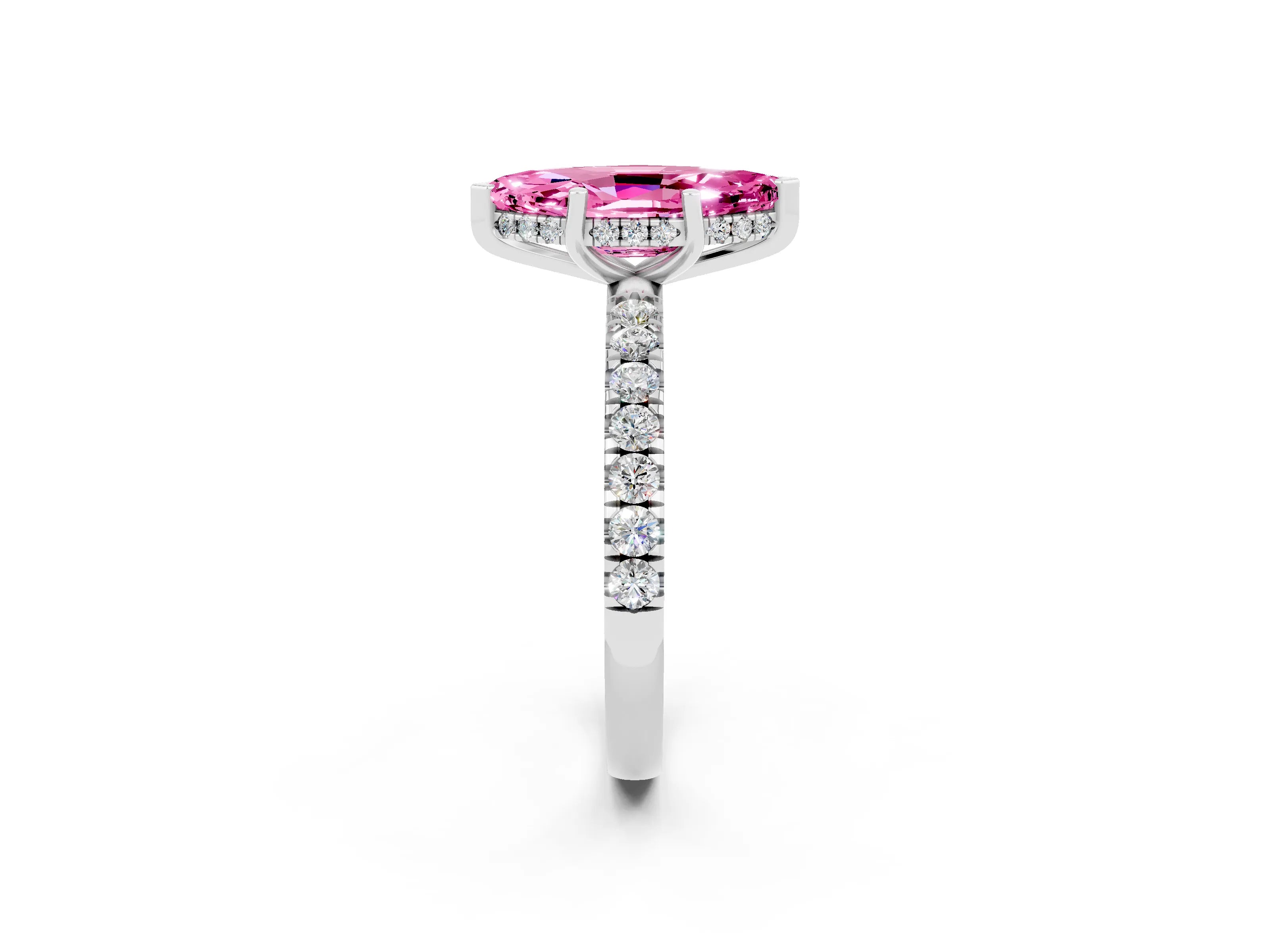White gold Marquise Cut Pink Sapphire Pave Band Solitaire Ring with Four-Prong Setting_62