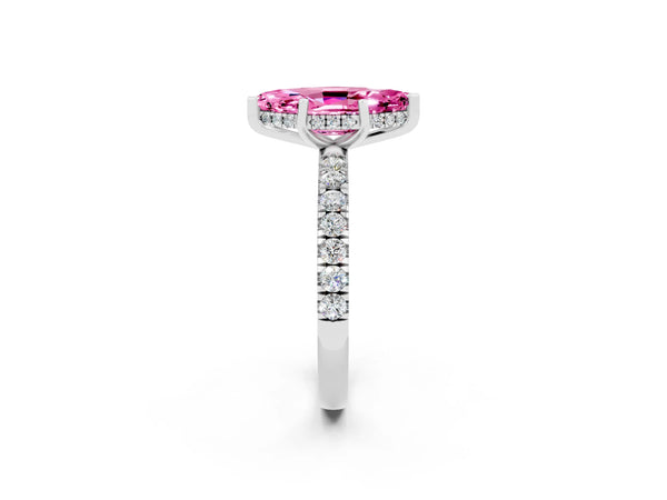 Platinum Marquise Cut Pink Sapphire Pave Band Solitaire Ring with Round  and Prong Setting