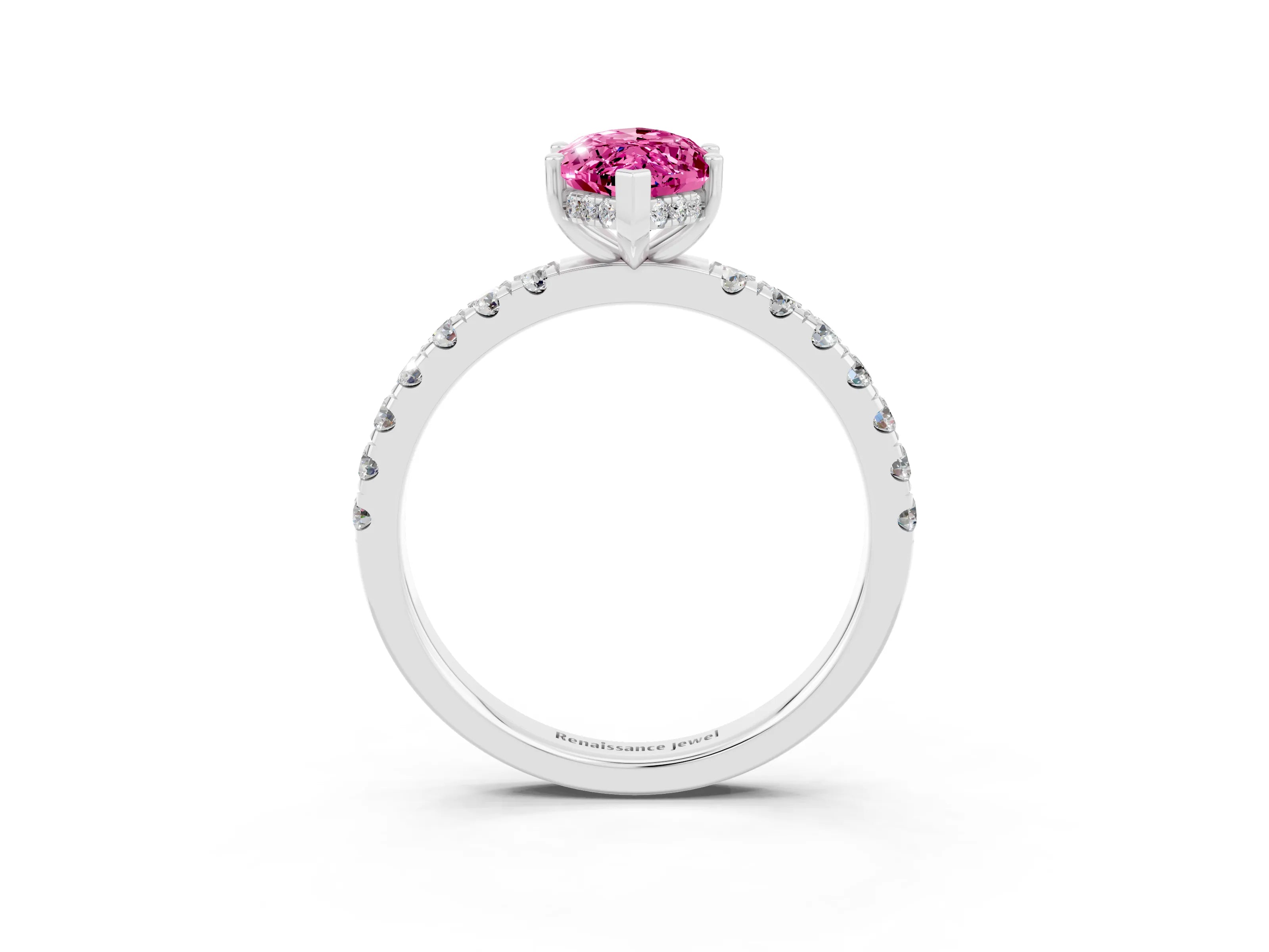 White gold Marquise Cut Pink Sapphire Pave Band Solitaire Ring with Four-Prong Setting_63