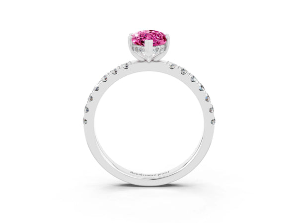 Silver Marquise Cut Pink Sapphire Pave Band Solitaire Ring with Round  and Prong Setting