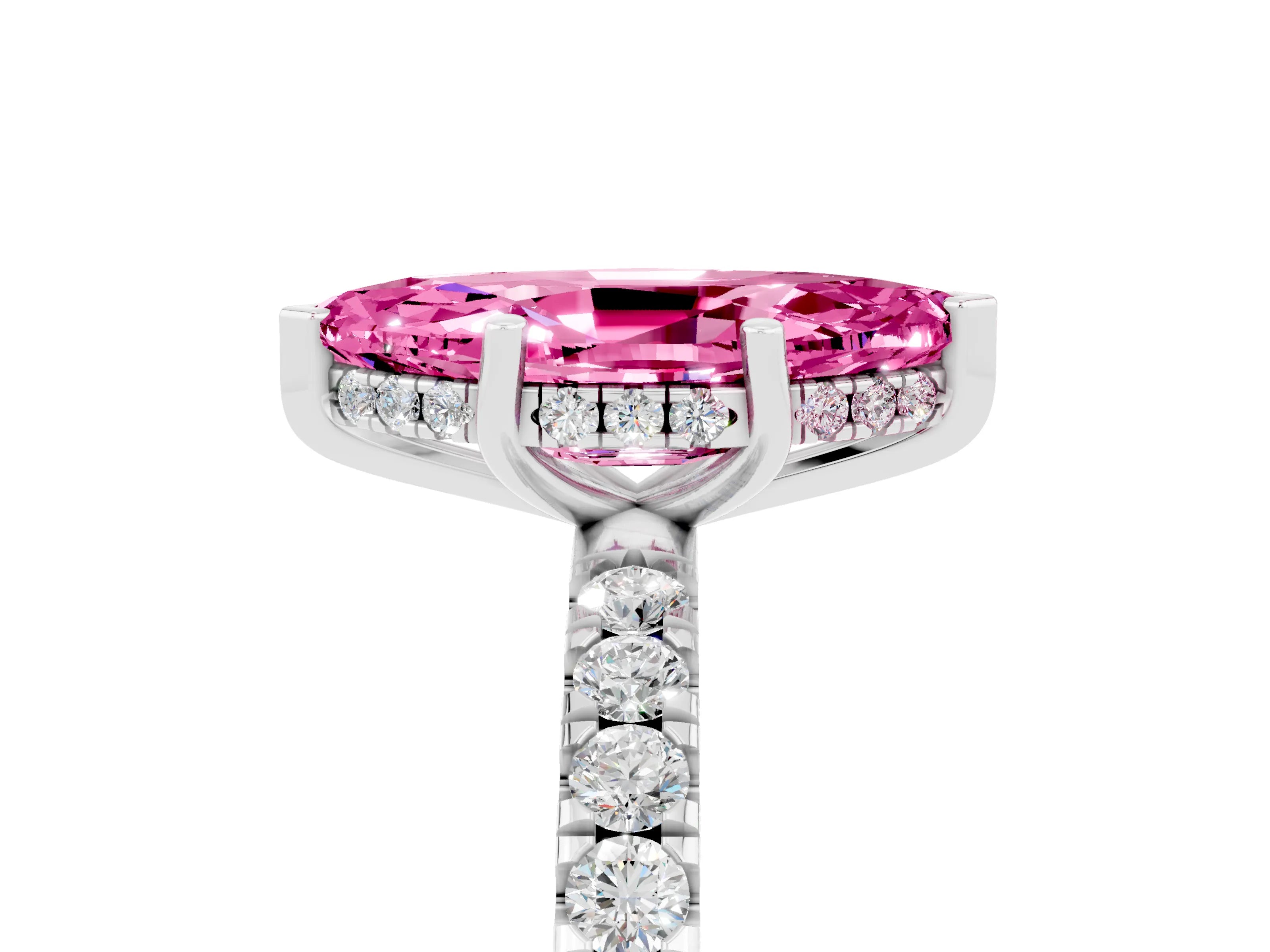 White gold Marquise Cut Pink Sapphire Pave Band Solitaire Ring with Four-Prong Setting_65