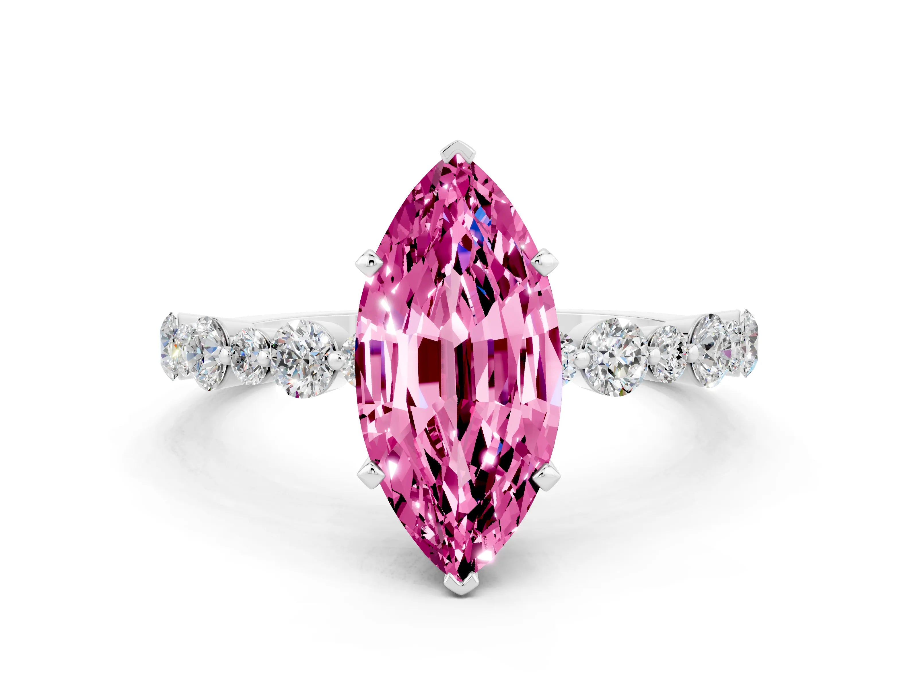 White gold Marquise Cut Pink Sapphire Prong Set Engagement Ring with Pavé Band_12