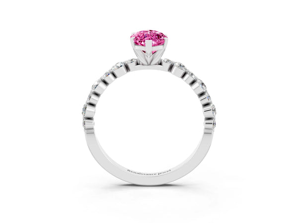 Silver Marquise Cut Pink Sapphire Prong Set Engagement Ring with Pavé Band