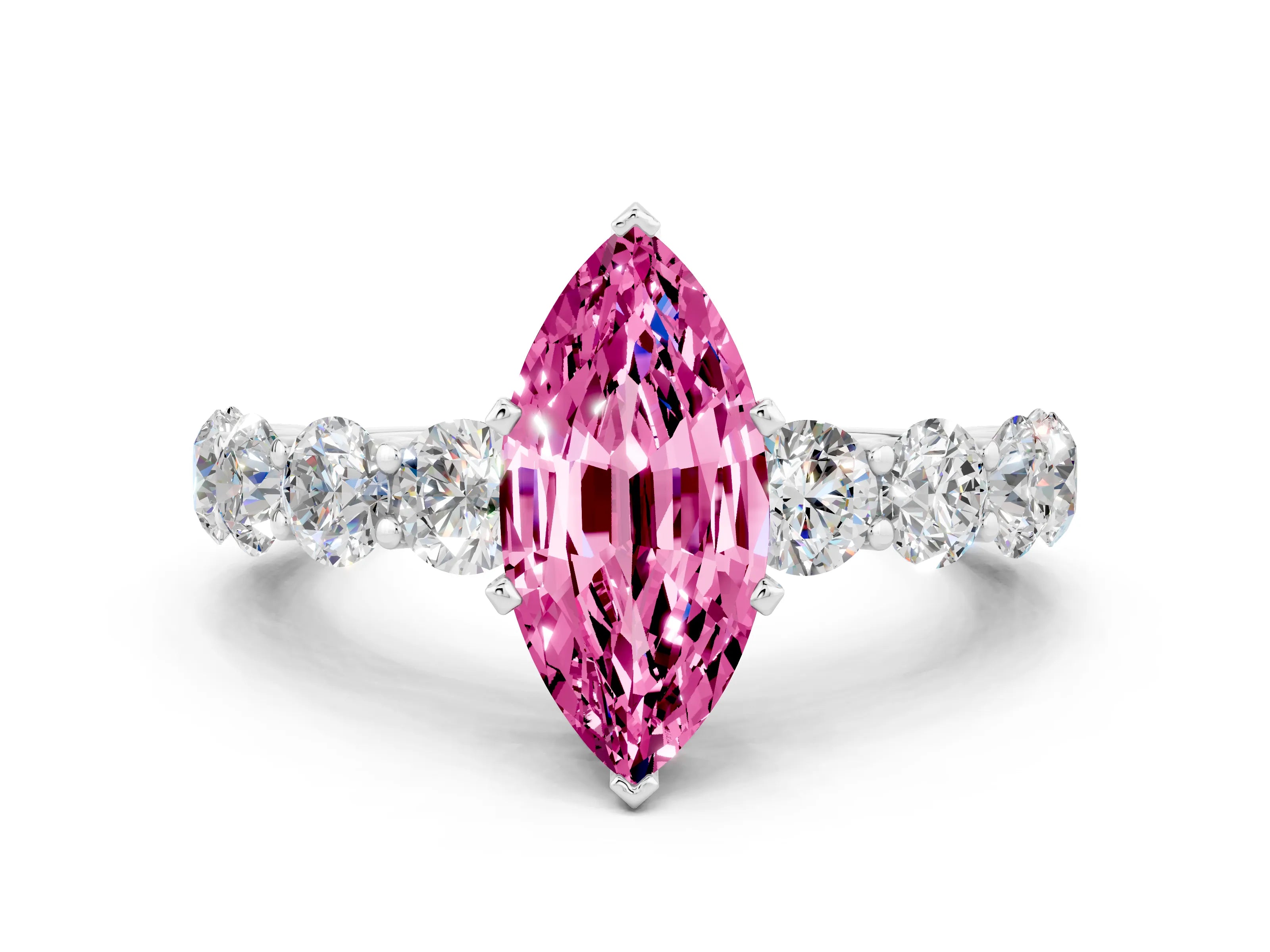 White gold Marquise Cut Pink Sapphire Prong Setting with Side Stones on a Pave Band_24