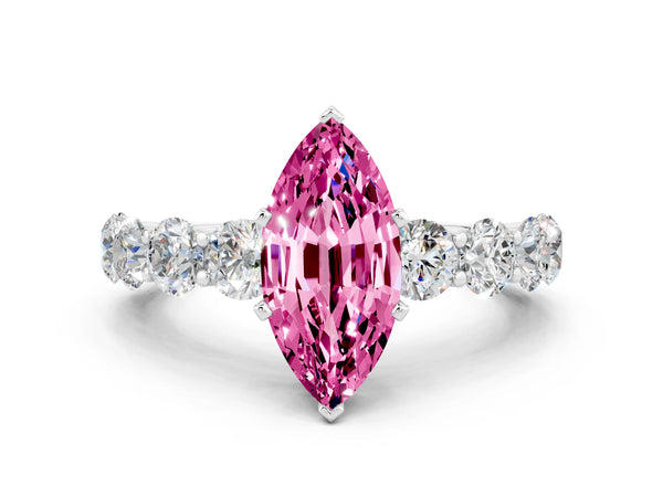 Silver Marquise Cut Pink Sapphire Prong Setting with Side Stones on a Pave Band