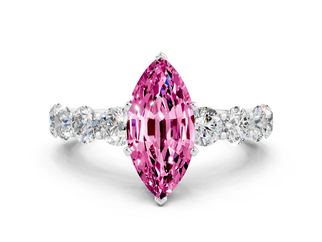 White gold Marquise Cut Pink Sapphire Prong Setting with Side Stones on a Pave Band_24