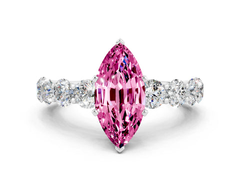 White gold Marquise Cut Pink Sapphire Prong Setting with Side Stones on a Pave Band_24