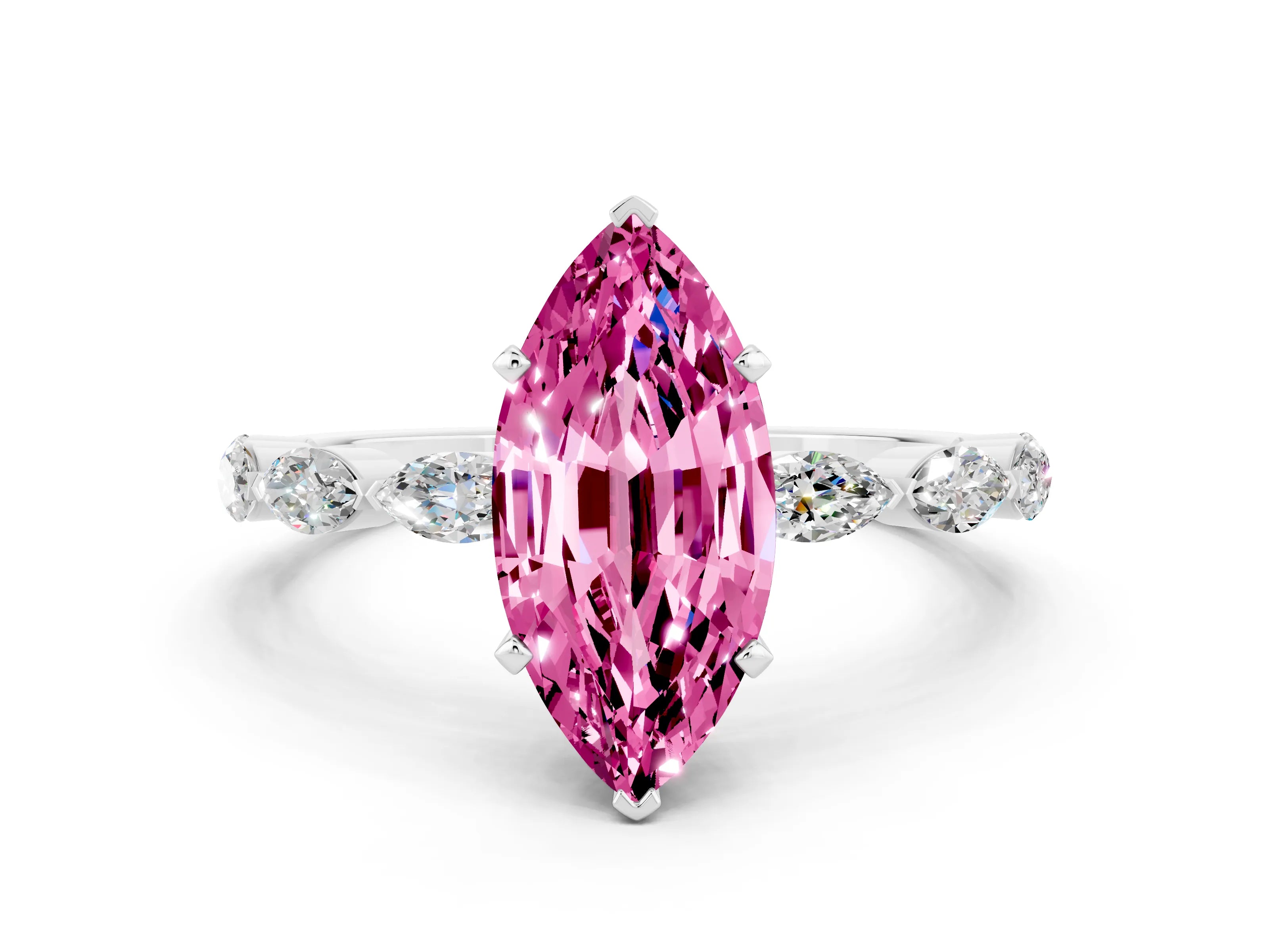 White gold Marquise Cut Pink Sapphire Ring with Marquise Side Stones and Prong Setting_12