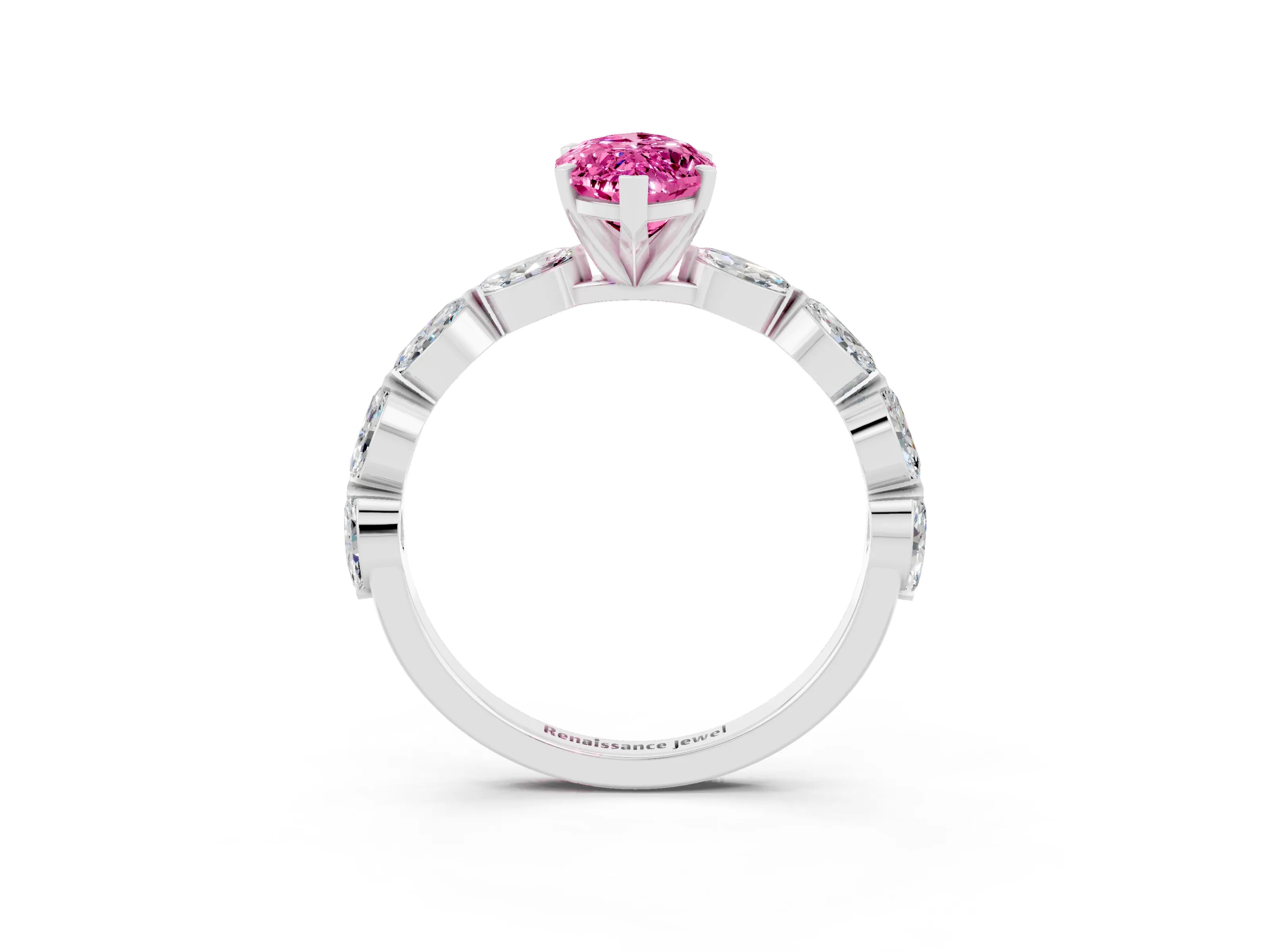 White gold Marquise Cut Pink Sapphire Ring with Marquise Side Stones and Prong Setting_15