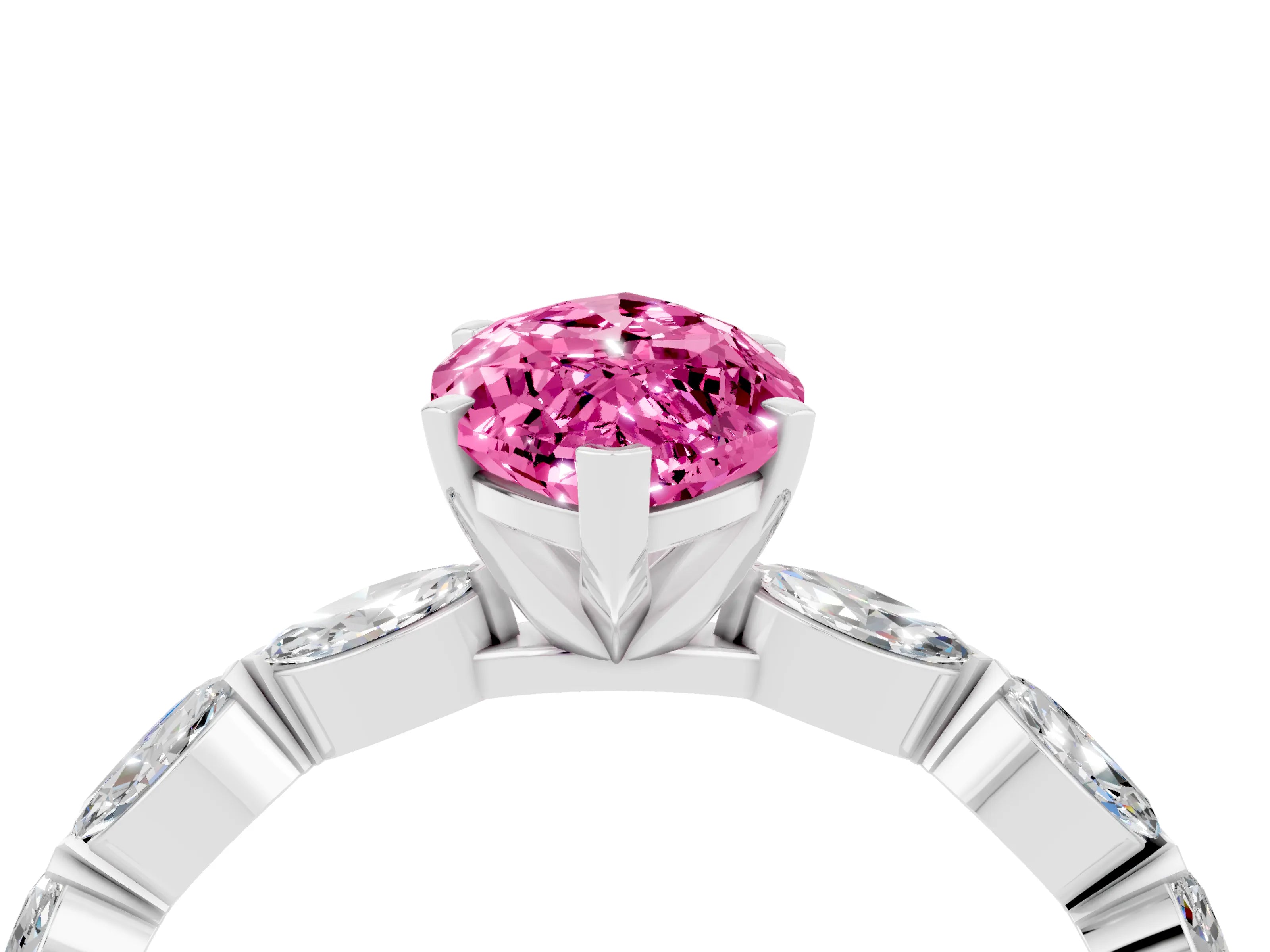 White gold Marquise Cut Pink Sapphire Ring with Marquise Side Stones and Prong Setting_16