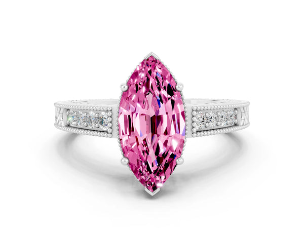 Platinum Marquise Cut Pink Sapphire Ring with Milgrain Pavé Band and Four-Prong Setting