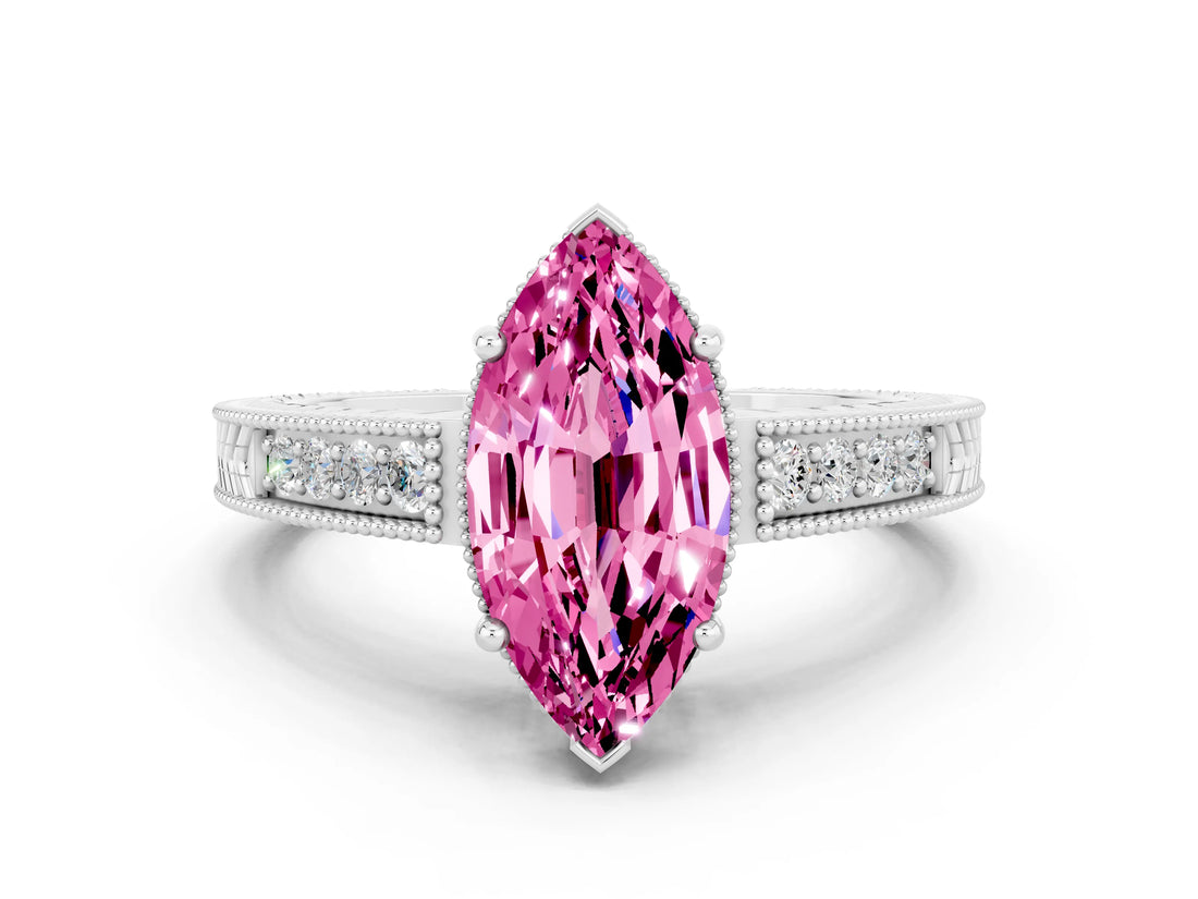 White gold Marquise Cut Pink Sapphire Ring with Milgrain Pavé Band and Four-Prong Setting_36